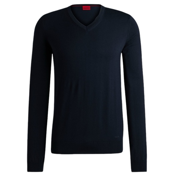 Navy Blue Virgin Wool V Neck Long Sleeve Sweater (XXL) - Picture 1 of 8